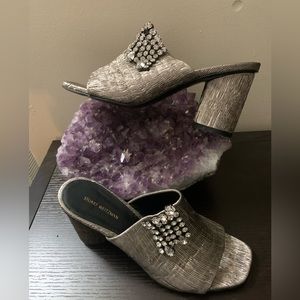 Stuart Weitzman Theone Argento Silver Pleated Lurex Block Heel Slides 8.5